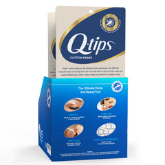 Q-tips 625-count pack image highlighting sturdy paper stick and bulk value.