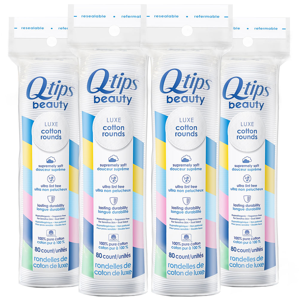 Q-tips Beauty Luxe Cotton Rounds 80 count 4-pack on-pack front, convenient travel-ready makeup remover