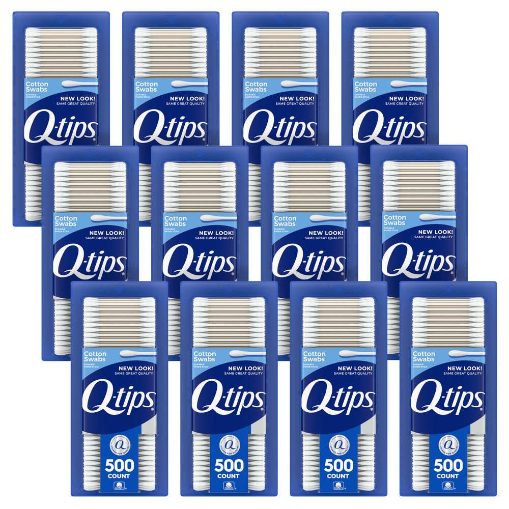 Q-tips cotton swabs front pack highlights a versatile 12-pack for beauty and hygiene tasks