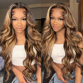 QUANDIAN 28-inch body-wave lace-front wig with highlight ombre for natural-looking volume.