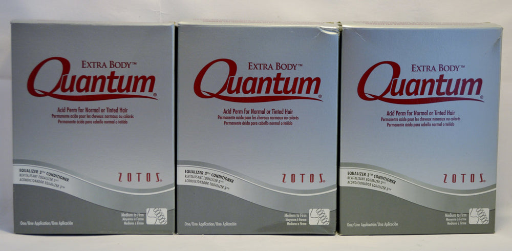Quantum Extra Body Acid Perm 3 Pack packaging showing at-home perm setup for salon-like waves.