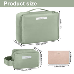 Queboom travel makeup bag green 3pcs inside layout showing organized storage and soft lining.