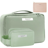 Queboom travel makeup bag green 3pcs main view with spacious main compartment for cosmetics.