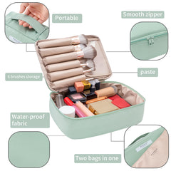Queboom travel makeup bag green 3pcs three compartments highlights easy access to brushes and essentials.