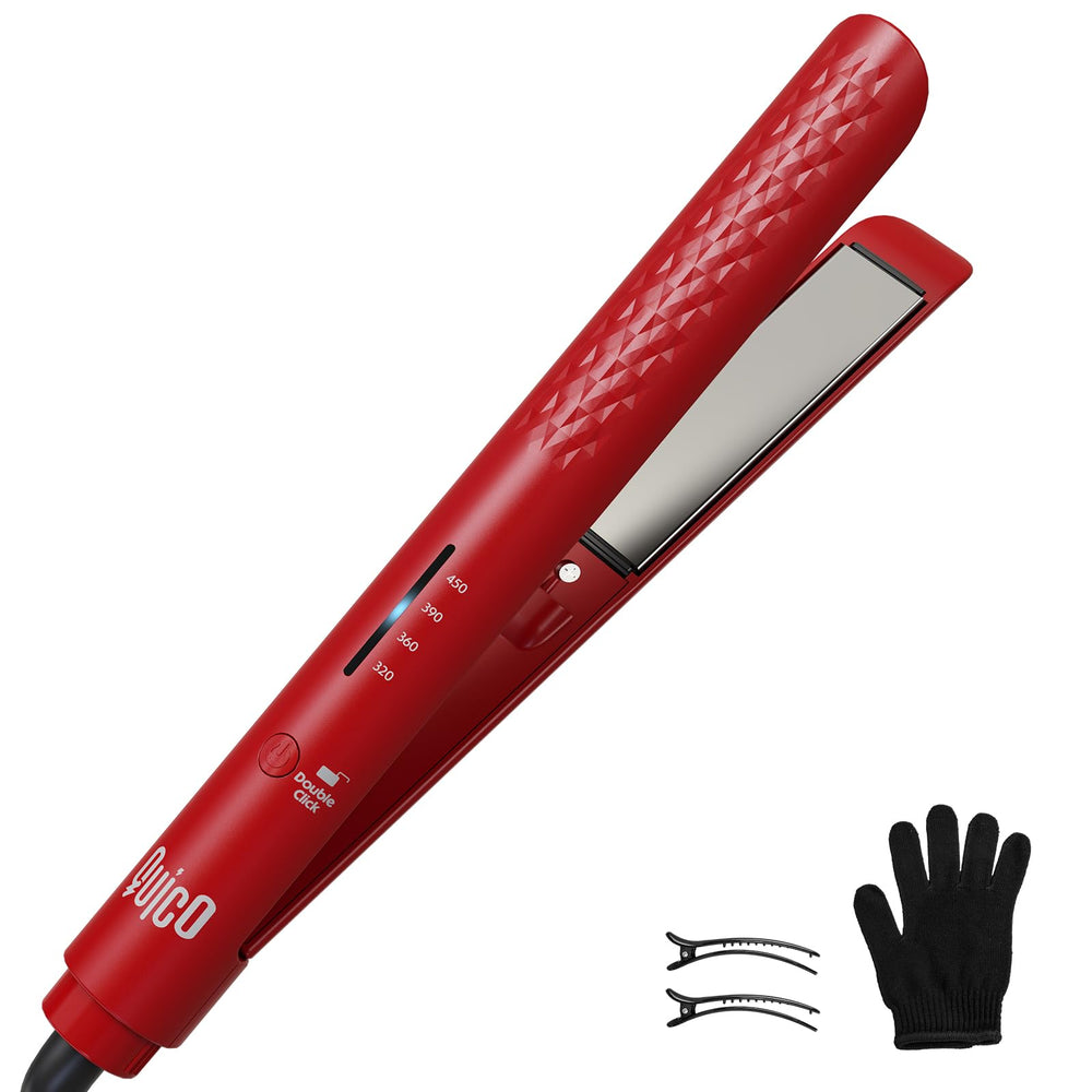 QUICO hair straightener with glove and clips for safe on-the-go styling