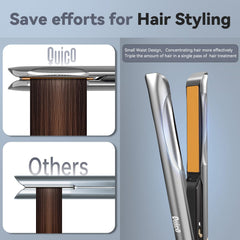 QUICO hair straightener with ion emission glow illustrating frizz-control and shine enhancement
