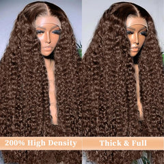 QWedafy chocolate brown lace front wig 13x6 deep wave back view highlights even color and length.