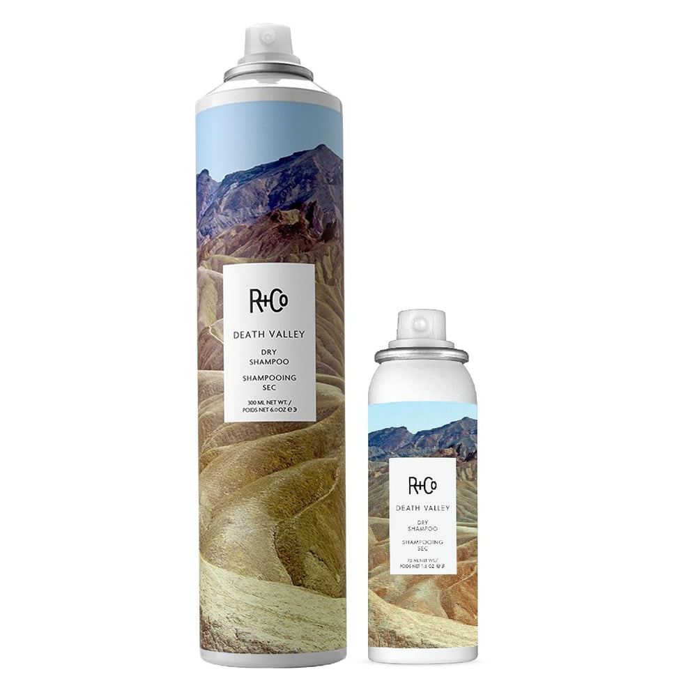 R+Co Death Valley dry shampoo set packaging promotes easy refresh and travel-ready styling.