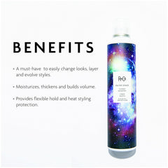 R+Co Outer Space Light Hair Spray misting application for effortless volume and texture.