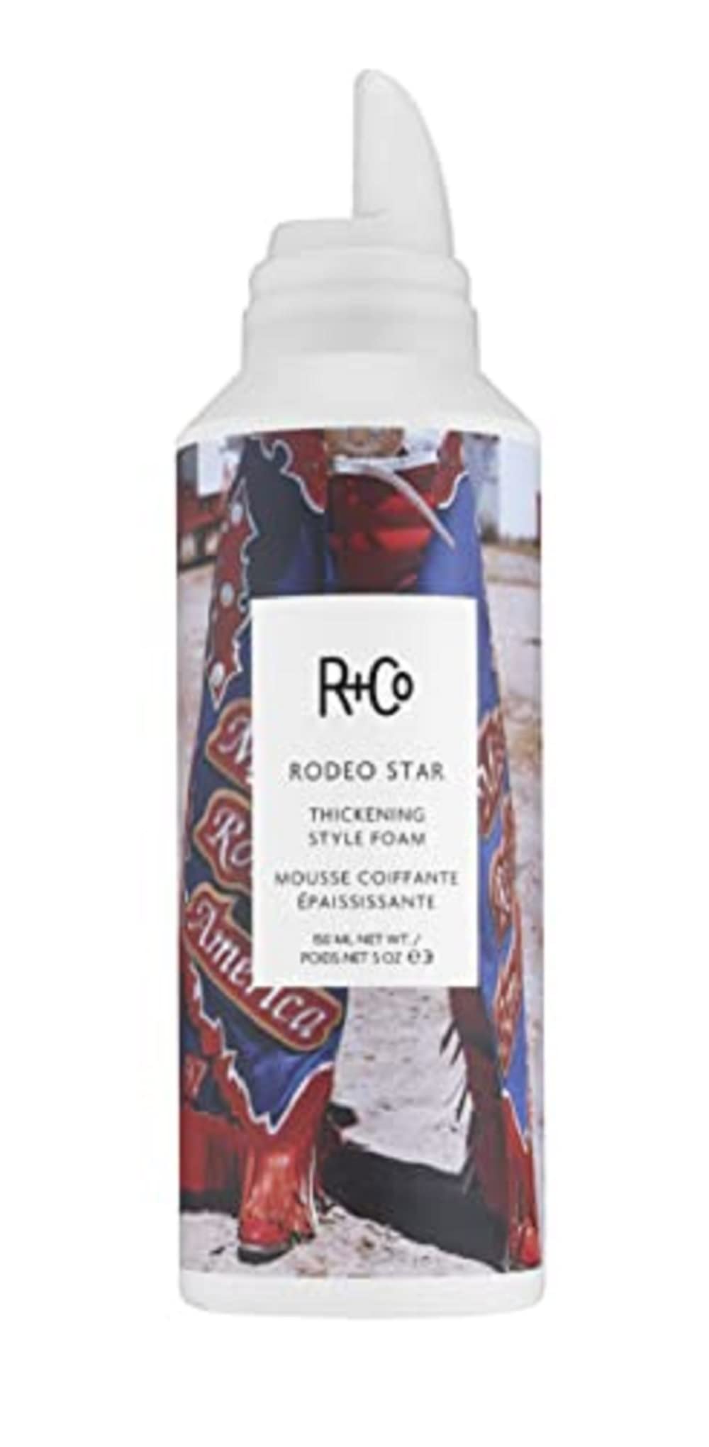 R+Co Rodeo Star foam bottle closeup showing nourishing volume potential.