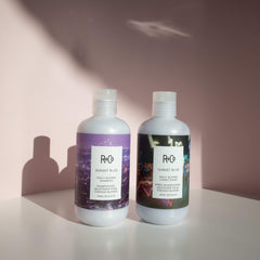 R+Co Sunset Blvd Blonde Conditioner hair shine closeup hints at radiant, brassy-free results