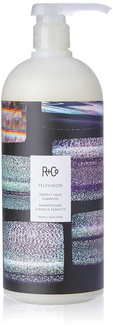 R+Co Television Perfect Hair Shampoo bottle highlights vegan formula for camera-ready shine.