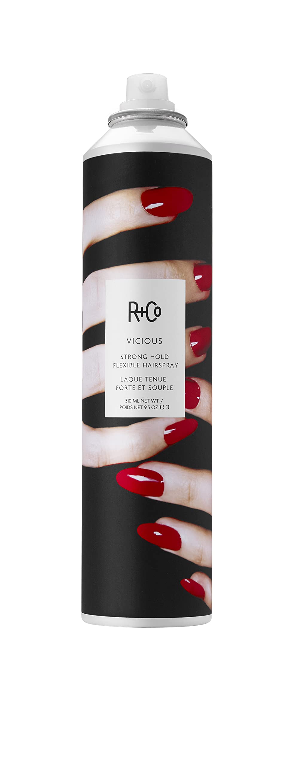 R+Co VICIOUS strong hold bottle front shows durable hold for all-day style.
