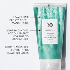 R+Co Waterfall lotion back label notes vegan, cruelty-free formula for glossy hair