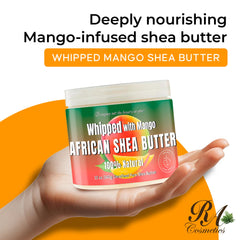 RA COSMETICS whipped shea butter mango jar side view nourishes dry skin and hair ends.