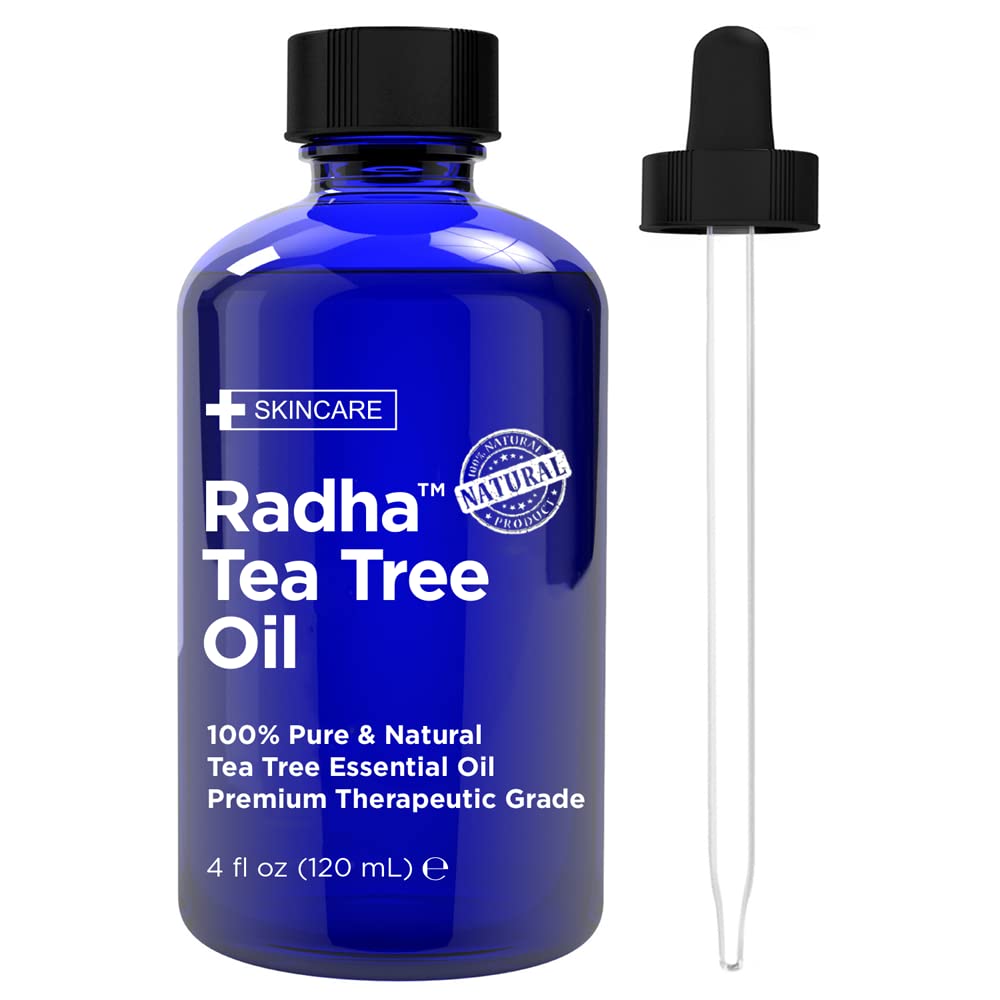 Radha Beauty Tea Tree Oil bottle in cobalt blue, ideal for room refreshment and skin care.
