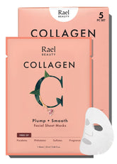 Rael collagen face mask pack open reveals rich serum for deep hydration and plump skin.