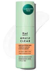 Rael Miracle Clear bottle shows triple-acid blend for radiant, smooth skin