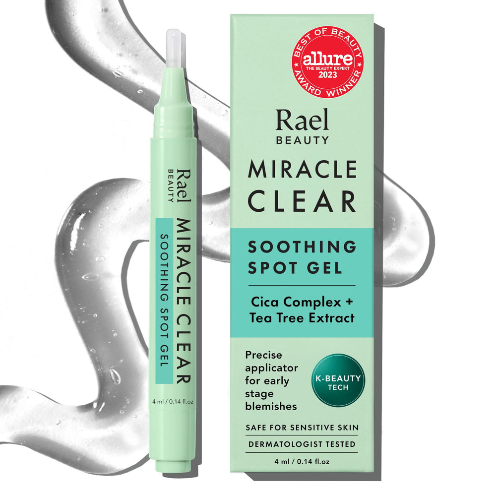 Rael Miracle Clear Spot Gel bottle close-up showing portable blemish care