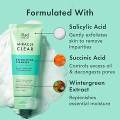 Rael Miracle Clear succinic acid illustration highlighting mild exfoliation for smoother texture