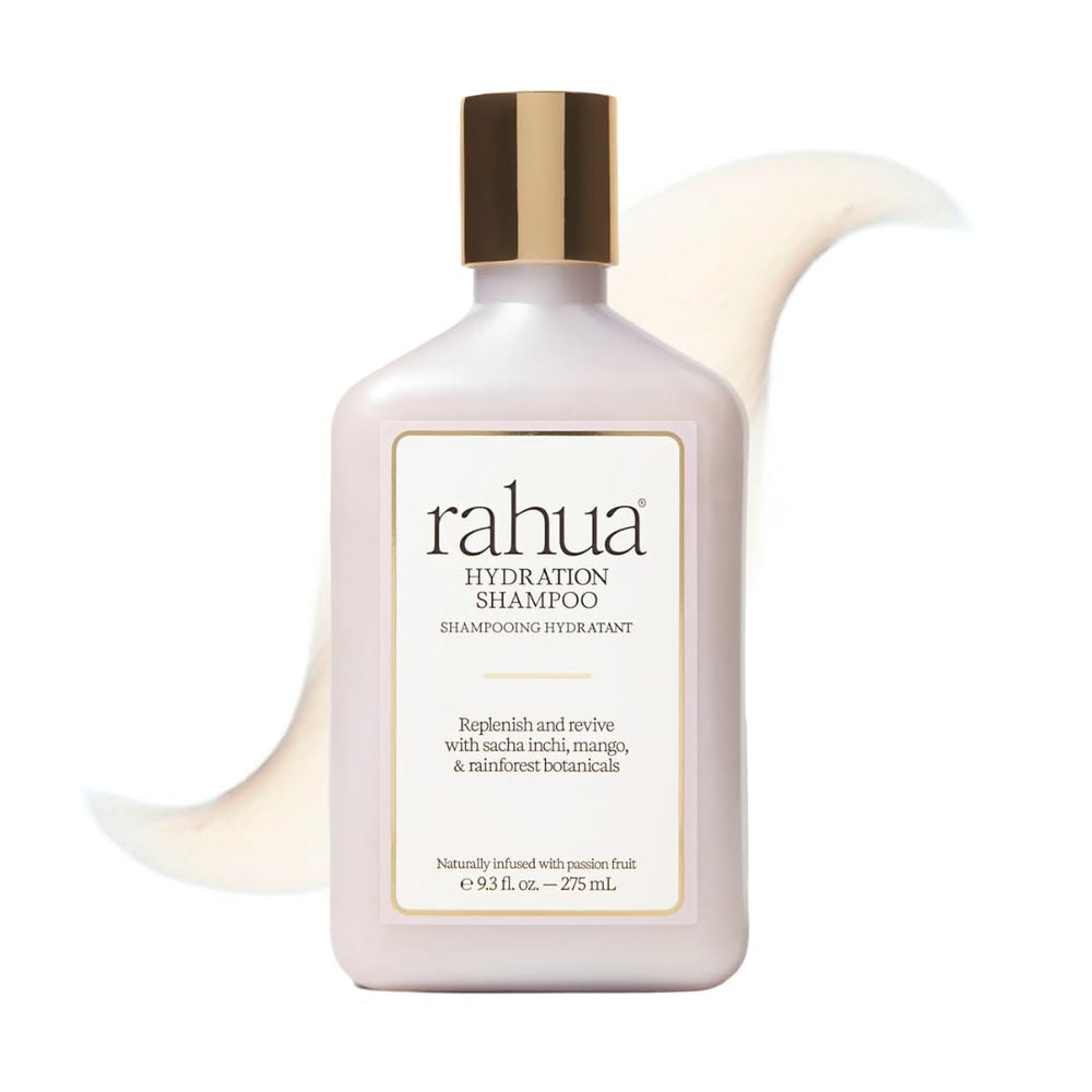 Rahua Hydration Shampoo bottle portrayal showcases sulfate-free cleansing for dry hair.