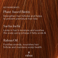 Rahua rich oil blends Morete Sacha Inchi highlight nourishing strength for follicles.