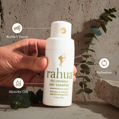 Rahua Voluminous Dry Shampoo bottle-angled reveals lightweight, residue-free formula