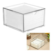 Rainmae disposable face towel holder top view shows compact vanity storage for XL towels