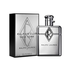 Ralph Lauren Fragrances Ralph's Club New York bottle closeup shows chrome finish luxury.
