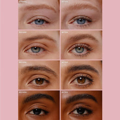 Rare Beauty Lash & Brow Essentials Set shows defined lashes and sculpted brows.