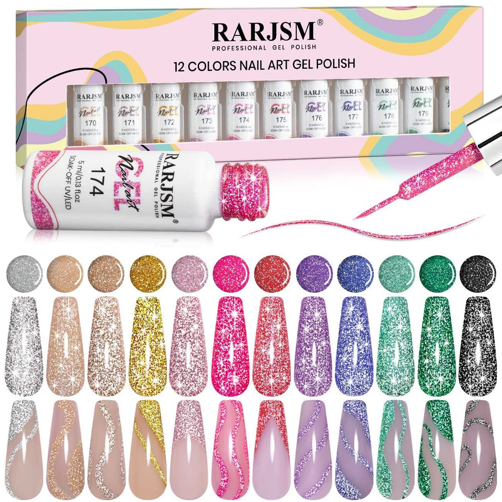 RARJSM reflective nail art gel bottle with silver glitter—dazzling shine for party nails.