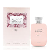 Rasasi Hawas Eclat for Women bottle with rose-gold accents offering all-day confidence
