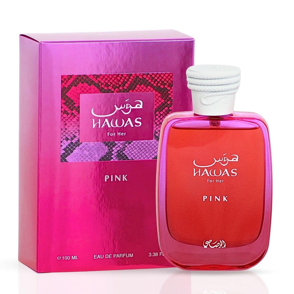RASASI Hawas Pink bottle front shows a modern feminine fragrance for everyday wear.