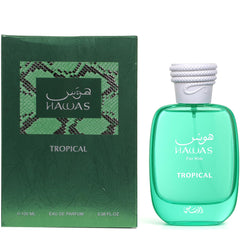 Rasasi Hawas Tropical perfume notes visualization to help choose versatile layering options.