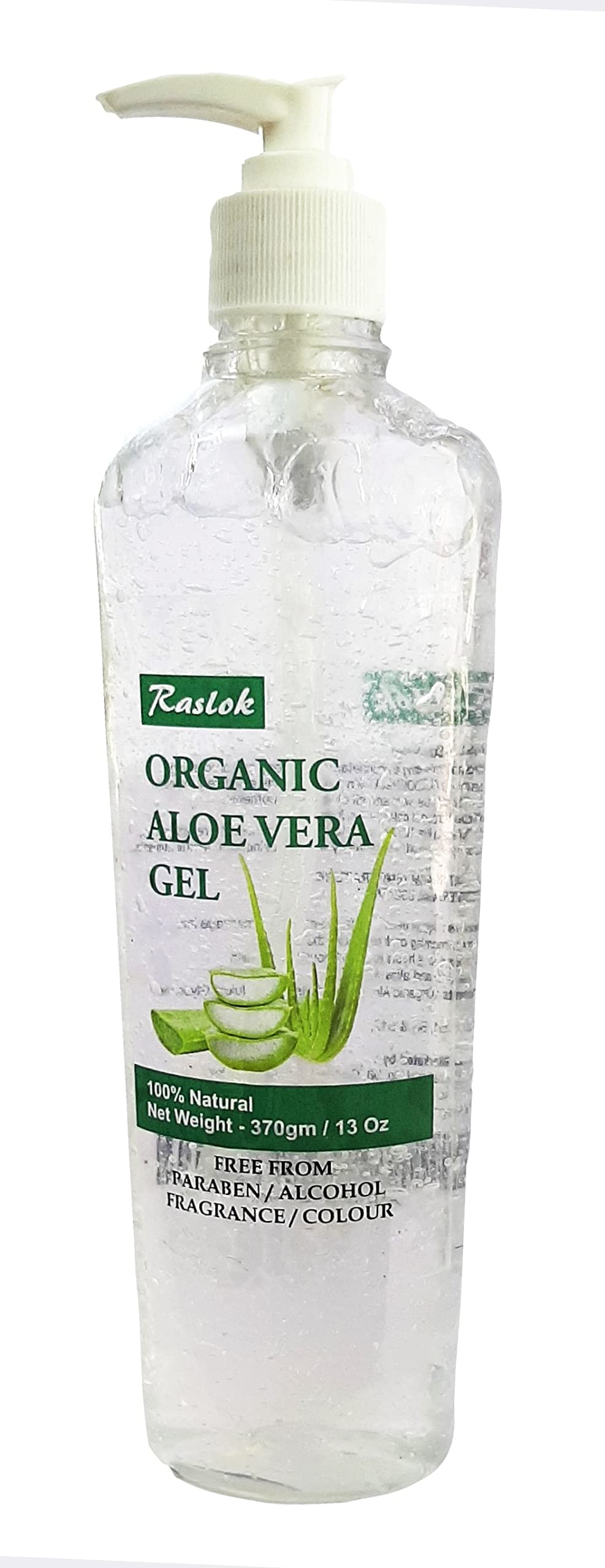 Raslok Aloe Gel bottle highlights all-natural moisturizing formula for face and hair care.