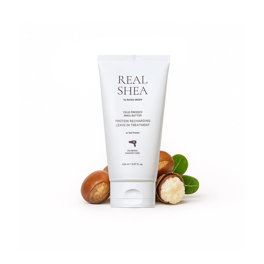 Rated GREEN Real Shea Protein Recharge leave-in bottle for deep hydration and frizz control