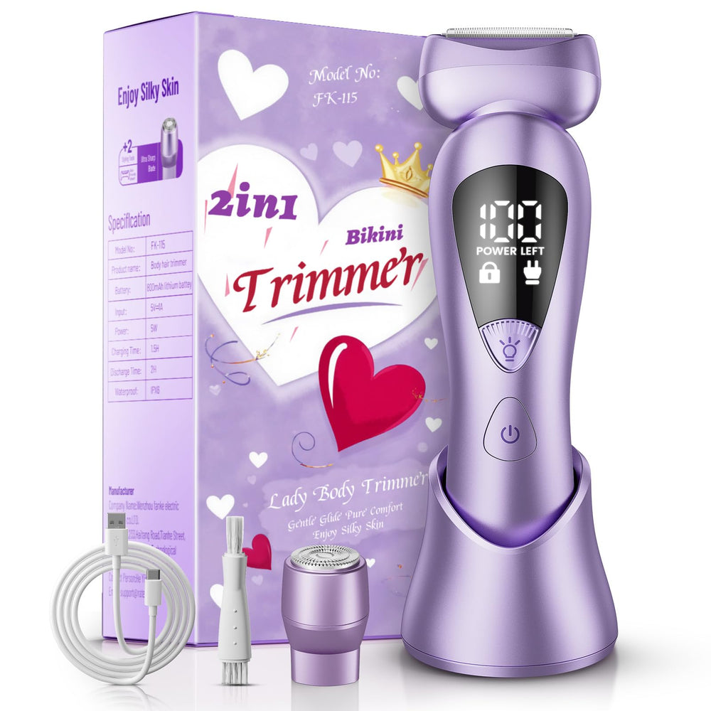 Rategist electric bikini trimmer front view with ergonomic purple handle for comfortable all-over grooming.