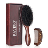 RAVEGO hair brush wooden handle closeup shows premium bristles for smooth detangling