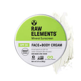 Raw Elements SPF30 tin front view shows reef-safe sunscreen in a portable tin