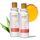 Raw Sugar Bounce Back shampoo bottle pour demonstrates hydrating formula for refreshed hair.