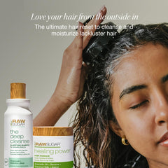 RAW SUGAR Deep Cleanse Shampoo ingredients with charcoal, matcha and aloe for purification.