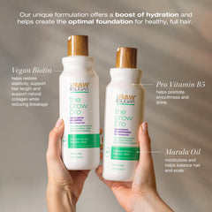 RAW SUGAR Grow Pro Conditioner bottle features marula and passion fruit for hydration.