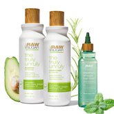 Raw Sugar Truly Unruly Shampoo bottle pour for gentle cleansing and frizz control.