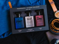 RawChemistry pheromone-infused mens cologne set bottles show the trio of scents for daily versatility.