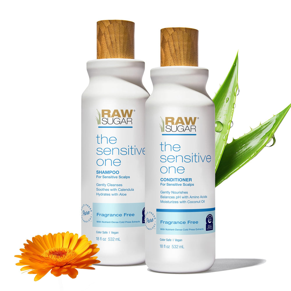 RAW SUGAR The Sensitive One shampoo bottle pouring for gentle cleansing on a sensitive scalp.
