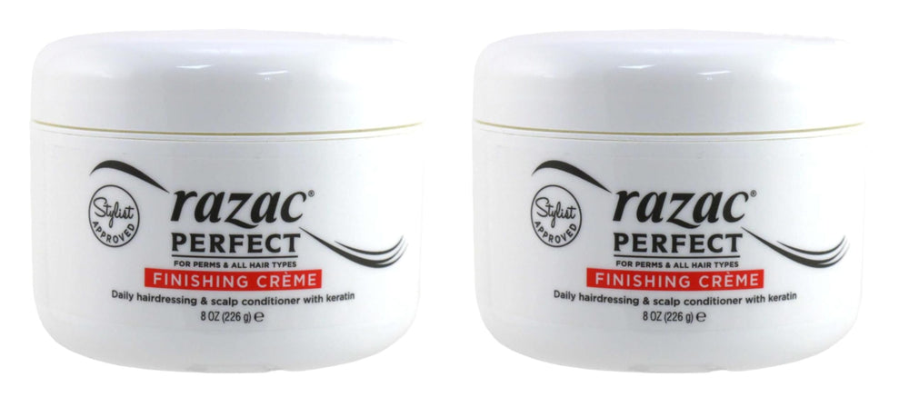 Razac Perfect For Perms Finish Creme bottle close up showing smooth defined permed hair