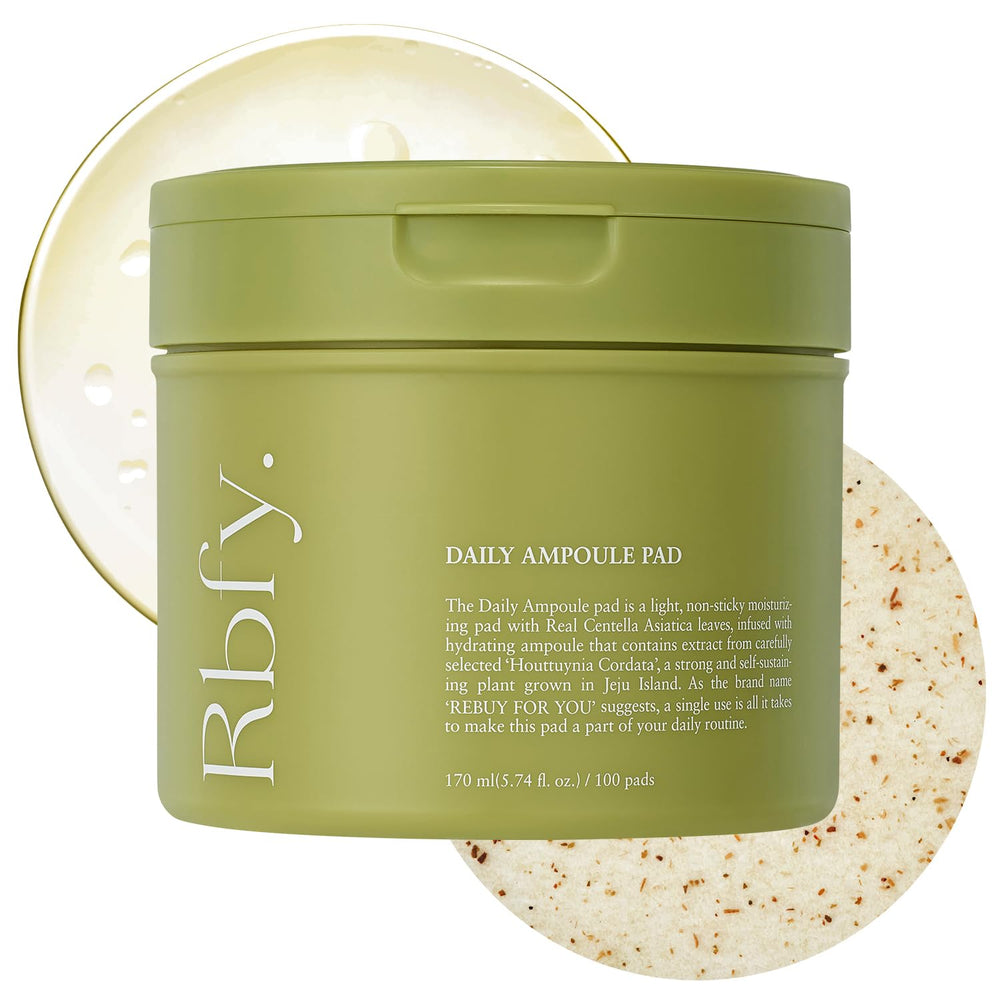 Rbfy Daily Ampoule Pad packaging highlights vegan formula for sensitive skin hydration.