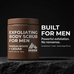 RBX Exfoliating Scrub Sandalwood Musk bottle exfoliates while hydrating for post-shower comfort.
