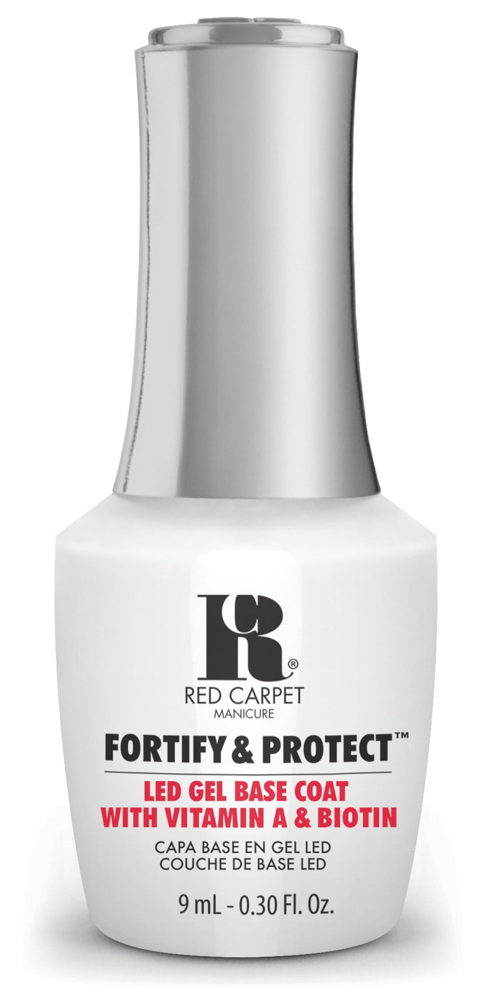 RC Red Carpet Manicure Fortify & Protect base coat bottle showing vitamin A and biotin nourishment