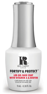 RC Red Carpet Manicure Fortify & Protect base coat bottle showing vitamin A and biotin nourishment
